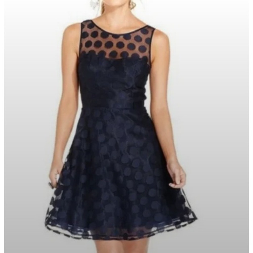 Betsey Johnson Navy Blue Polka Dot‎ Mesh Fit Flare Dress FC06K90P Womens 6